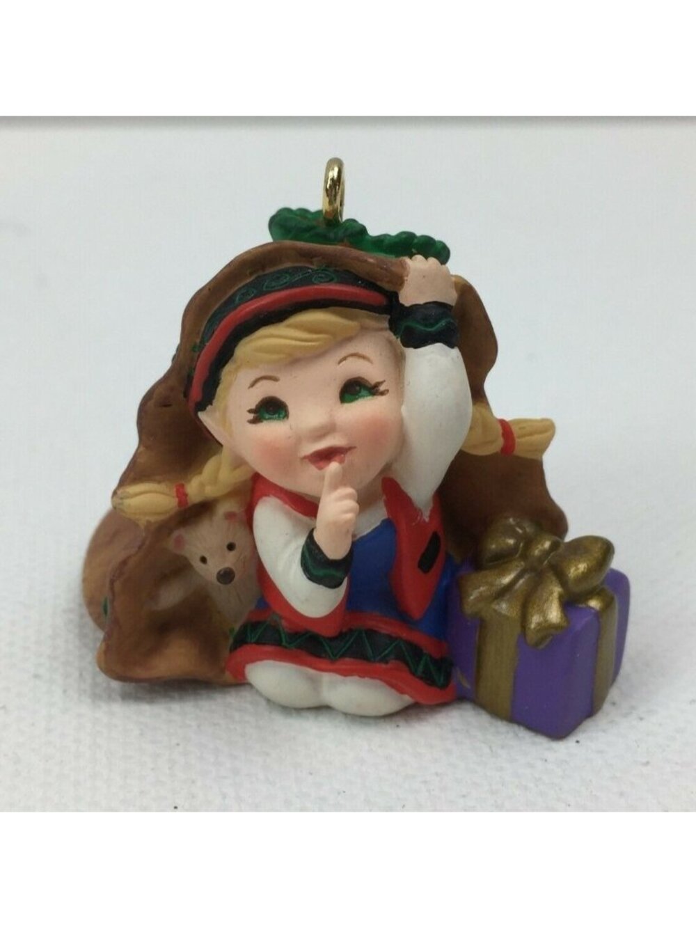 Hallmark 2001 Blonde Girl Christmas Ornament With Gift Teddy Bear Figurine